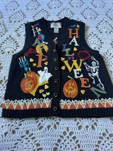 VTG Womens Halloween Sweater Vest Y2K 90s Artsy Spooky Embroidery Ramie Petite M - Picture 1 of 8
