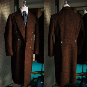 Business Tweed Mens Long Overcoats Double Breasted Wool Blend Winter Outwear - Picture 1 of 23