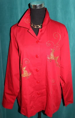 QUACKER FACTORY Red Cotton Jacket Gold Sequin Reindeer Button Blazer Sz L Lined - Image 1 of 4