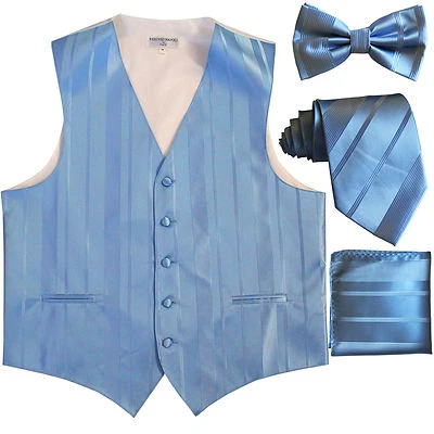 New Men's stripes Tuxedo Vest Waistcoat & necktie & Bow tie & Hankie Light blue - Image 1 of 4