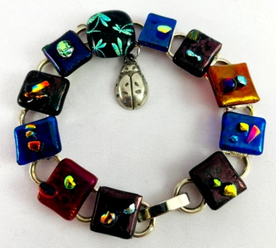 Peltre Danforth hecho a mano D.P. Pulsera de vidrio artístico Ltd. Lady Bug Charm 1998 Foto 1 de 4