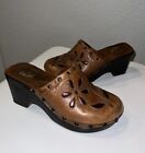 White Mountain Leather Shoe Clogs Mule Flower Accent Brown Size 6 Slip On
