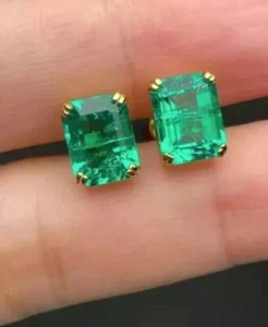 Solitaire Stud 4CT Created Green Emerald Wedding Earrings 14K Yellow Gold Plated - Picture 1 of 3