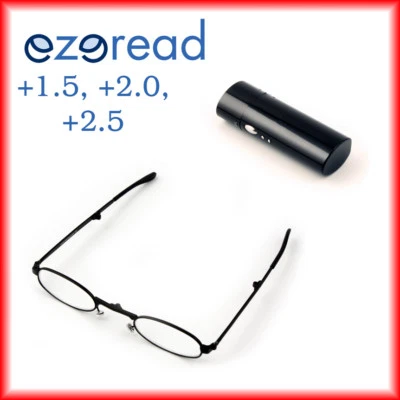 EZEREAD Folding Reading Glasses +1.5, +2.0, +2.5 Black Metal with case