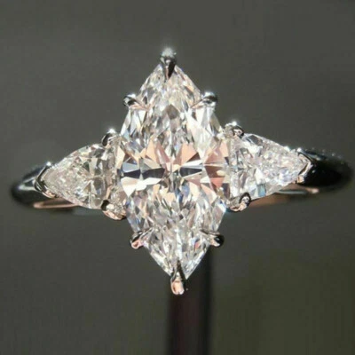 Помолвочное кольцо Marquise из белого золота 14 карат с тремя бриллиантами 2,80 карата имитация размера 9,5 - Изображение 1 из 3