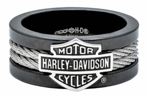 Harley-Davidson Men's Ring, Bar & Shield Steel Cable Band, Black HSR0021 - Picture 1 of 3