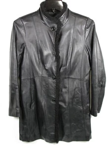 Centigrade Women's Small Black Leather Coat w/ Faux Fur Trim Button Close - Picture 1 of 6