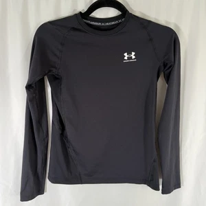 Under Armour Fitted Shirt Boys Large Solid Black Long Sleeve Crew Neck Heatgear - Picture 1 of 11