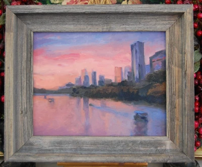 SMALL FRAMED MODERN STYLE ABSTRACT AUSTIN TEXAS SKYLINE LANDSCAPE OIL PAINTING - Image 1 of 4
