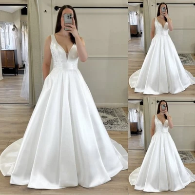 Satin Bridal Gowns V Neck Sleeveless White with Pocket Elegant Wedding Dresses - Imagem 1 de 4