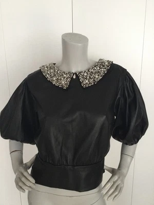 Blusa Top Anthropologie Maeve Imitación Cuero Negra Talla L Foto 1 de 4