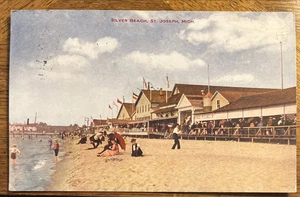 1910 Vintage Postcard, St. Joseph MI Silver Beach - Storefronts & Bathers - Bild 1 von 4