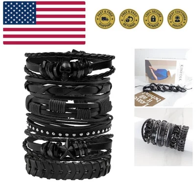 6件装朋克皮革手链女式编织PU腕带头骨架... — 第 1/4 张图片