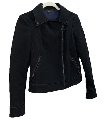 Chaqueta Blazer Ann Taylor Talla 2 Mezcla Algodón Moto Cremallera Bolsillos Snap Cálido Negro Foto 1 de 4