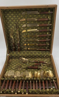Vintage Thai Bronze Rosewood Forks Spoons & Knives Flatware Set With Case - Image 1 of 4