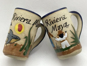 Lot of 2 Riviera Maya Handmade Glazed Pottery Mini Mugs Cups Shot Glasses MEXICO - Picture 1 of 11