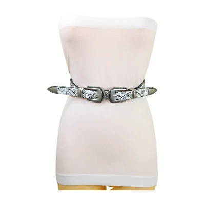 Mujeres Cinturón Elástico Blanco Estampado Paisley Doble Western Hebillas Ajuste Ajustable S M Foto 1 de 4