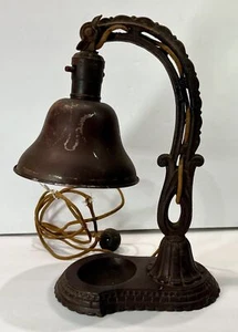 Early 20th Century 12" Tall Cast Iron Table Lamp with Ornate Arm & Bell Shade - Picture 1 of 5