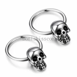 Punk Rock Silver Stainless Steel Men's Skull Head Hoop Earrings Halloween Gift