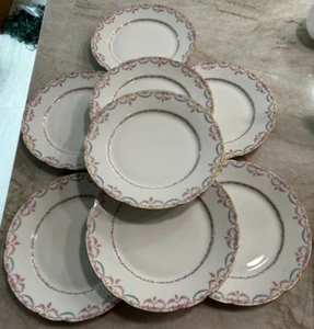 8 Vtg Jean Pouyat Limoges France Porcelain Plates Pink/Blue Flower Swag: LOVELY! - Picture 1 of 9