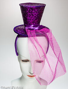 Top Hat Mini Purple Glitter Top Hat W/ Headband Burlesque Victorian Novelty Hat