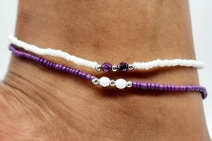 Set of 2 Glass Bead Elastic Purple and White ankle bracelet foot anklet 25cm - Picture 1 of 1