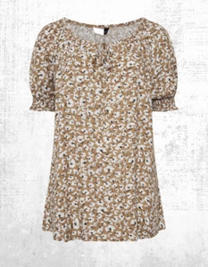 Ex Women’s Plus Size Curve Floral Print Tie Front Top in Beige Brown - Picture 1 of 5