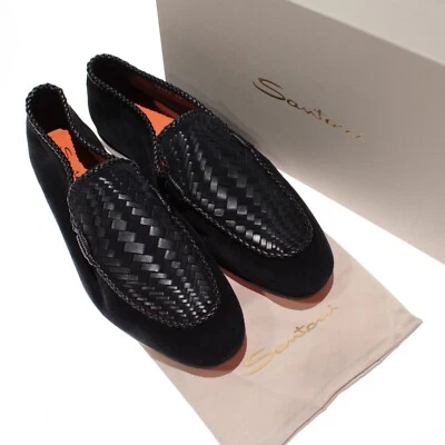 Mocassim Santoni novo com etiquetas Gough tamanho 11 / EUA 12 em camurça azul escuro / couro - Imagem 1 de 4