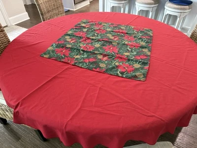 70” Round Red Tablecloth With Square Poinsettia Accent 70% Polyester 30% Cotton - Image 1 of 4