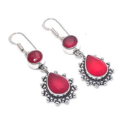 Ruby(Simulated) Gemstone 925 Sterling Silver Earring 2.09" X-Mas Gift W725 - Image 1 of 3