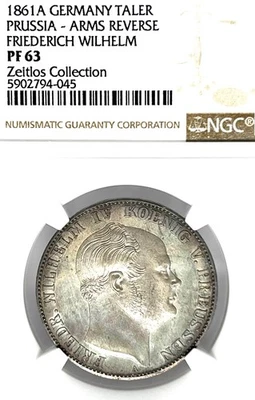 German States Prussia 1861A Taler Coin DEATH Thaler NGC PF 63 PP/PROOF RARE - Image 1 of 3