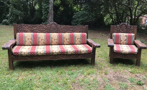 RARE Spanish Mexican Hacienda Hand Carved Wooden Couch & Chair Heavily Carved Cover