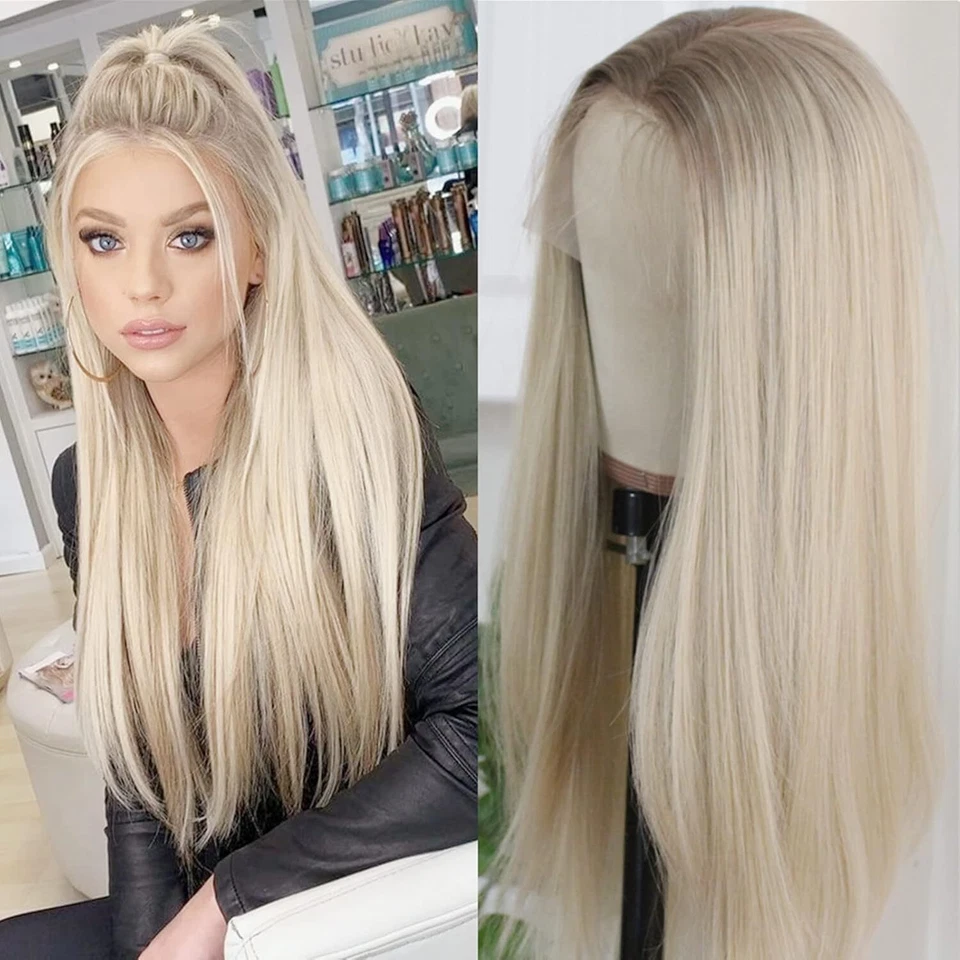 Highlight Blonde Long Straight Synthetic Hair Heat Resistant Lace Front Wig Soft - Image 1 of 4