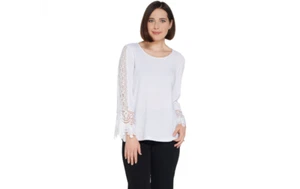Dennis Basso Caviar Crepe Top with Lace Trimmed Sleeves White M A307230 QVC J - Picture 1 of 3
