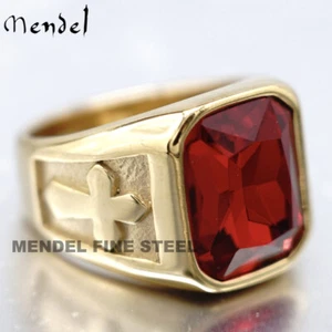 MENDEL Mens Religious Gold Plated Christian Cross Red CZ Stone Ring Size 7 8-15 - Picture 1 of 7