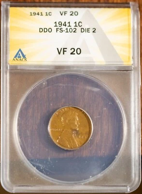 DDO 1941 1c Lincoln Head Cent VF 20 FS-102 Die 2 New ANACS # 7465144 + Bonus - Image 1 of 2
