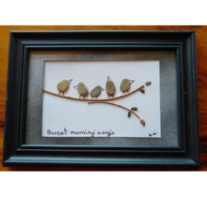 "Sweet Morning Songs" Pebble Art by Mimi 5 x 7 Birds Framed Wall Home Decor Gift - Picture 1 of 1