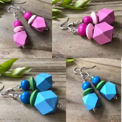 Blue & Green or Pink Wooden Bead Earrings. Hexagon Beads. Boho Summer - Image 1 of 4