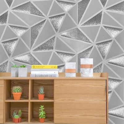 Modern Wallpaper Gray white silver Metallic glitter Textured Geometric Triangle - Изображение 1 из 4