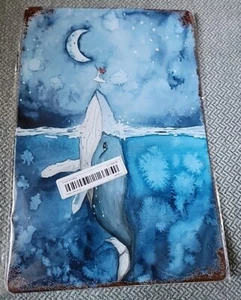 Tin Sign Girl On Humpback Whale Reaching For Moon - Picture 1 of 4
