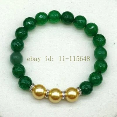 美丽的 10 毫米绿色多面玉和黄色贝壳珍珠圆珠手链 7.5 — 第 1/3 张图片