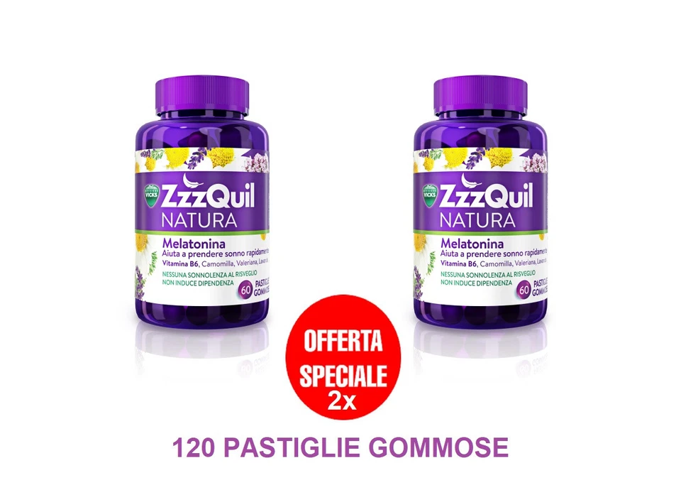 2X Vicks ZzzQuil Natura Integratore Alimentare 60 + 60 pastiglie gommose SONNO