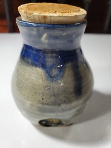 Signed Pottery Ceramic Jar Handpainted Cork Cap 4.5" Blue Multicolor Handmade - Picture 1 of 12
