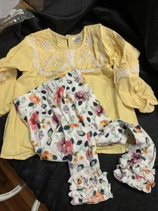 Girls Size 3 Spring summer two-piece set floral yellow gingham embroidered new - Picture 1 of 7