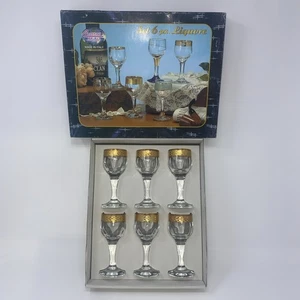 Set of 6 Vintage Cordial Liquor Glasses Gold Rimmed Barware - Crystal Mode Italy - Picture 1 of 5