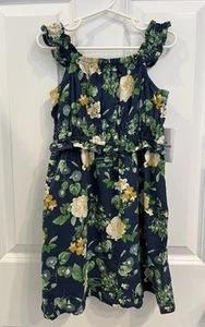 Old Navy Dress Girls 5T Sleeveless Floral Linen Blend Ruffles Blue Green NWT - Picture 1 of 6