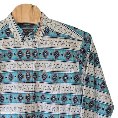 Ariat Western Aztec Bull Skull Print Mens XL Fitted Long Sleeve Shirt - Image 1 of 4