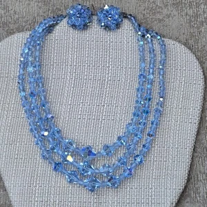 Vintage Faceted Bead Necklace & Clip On Earrings Blue Crystal Rhinestone - Picture 1 of 12