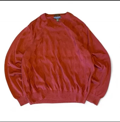 Men's Large Lyle & Scott Burgundy V-Neck Diamond Pattern Cotton Sweater Classic  - Image 1 of 4