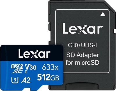 Lexar High-Performance 633x 512GB microSDHC UHS-I Card w/ SD Adapter, Up To... - Image 1 of 4